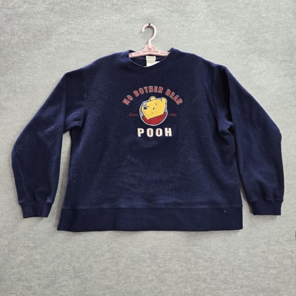 VINTAGE Disney Women Sweatshirt XL Blue Fleece Winnie Pooh No Bother Bear Logo